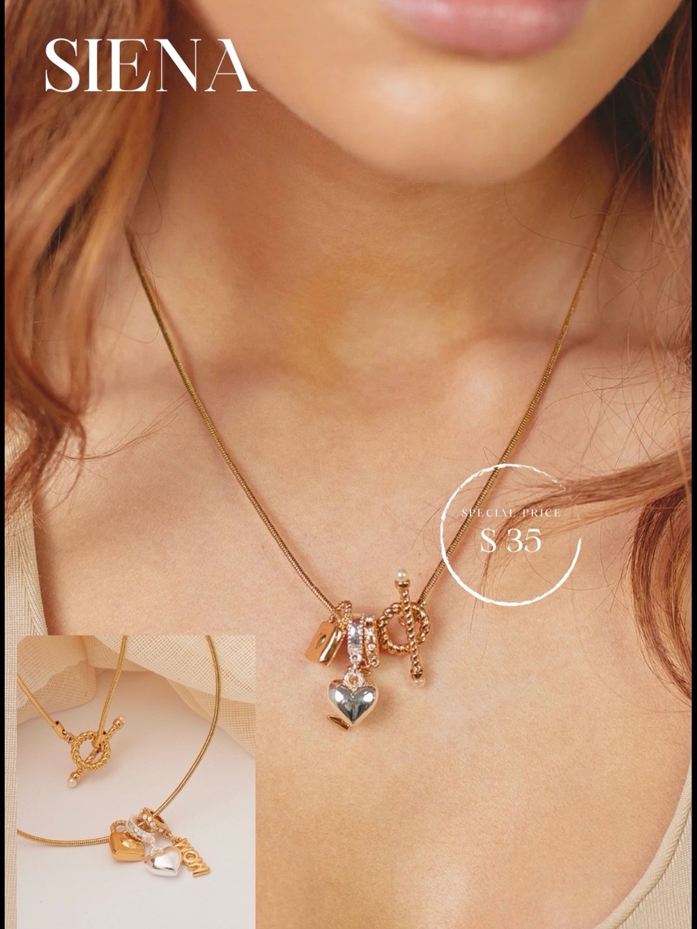 Gold and Silver Heart Charm Necklace -